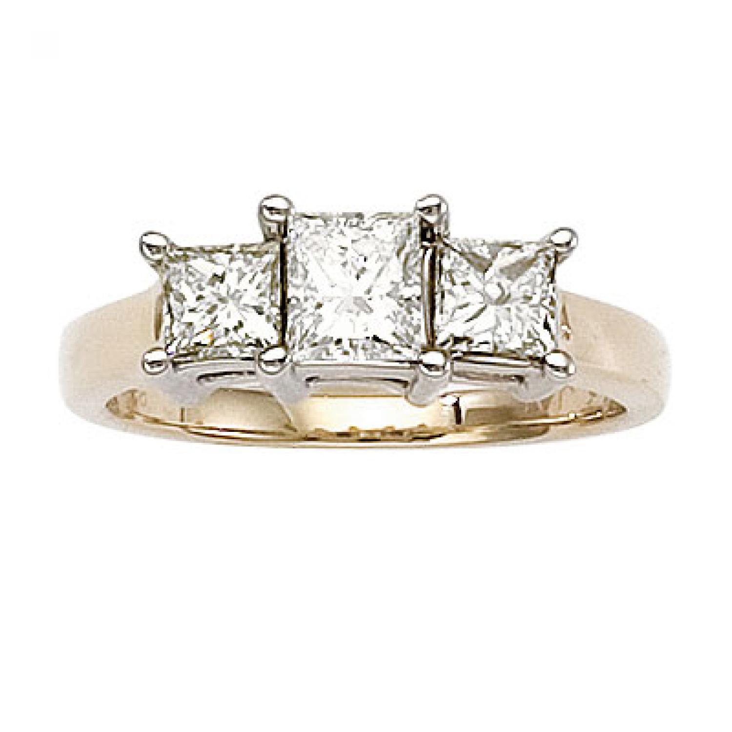 14K Yellow Gold Three Stone 1.5 Ct Princess Diamond Ring