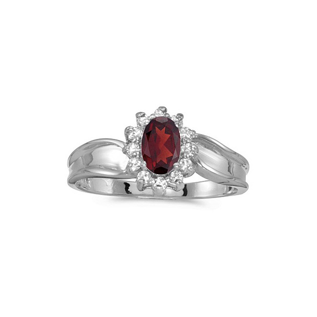 10k White Gold Oval Garnet And Diamond Ring