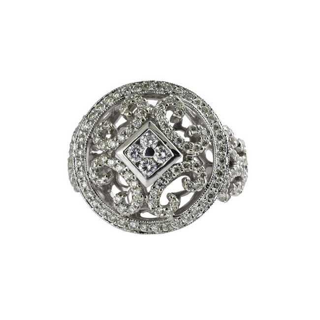14K White Gold Large Round .83 Ct Diamond Fashion Ring