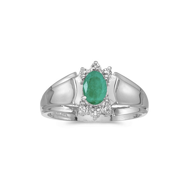 14k White Gold Oval Emerald And Diamond Ring