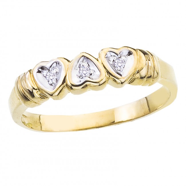 10K Yellow Gold and Diamond Three Heart Promise Ring Band