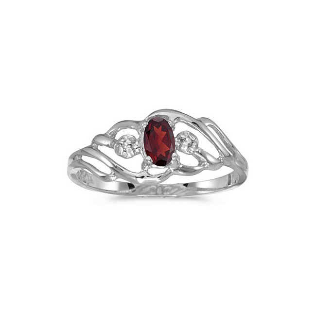 10k White Gold Oval Garnet And Diamond Ring