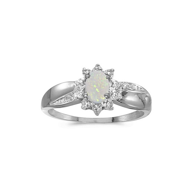 10k White Gold Oval Opal And Diamond Ring