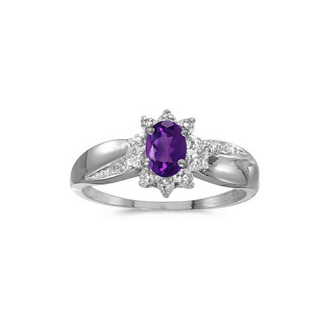 14k White Gold Oval Amethyst And Diamond Ring