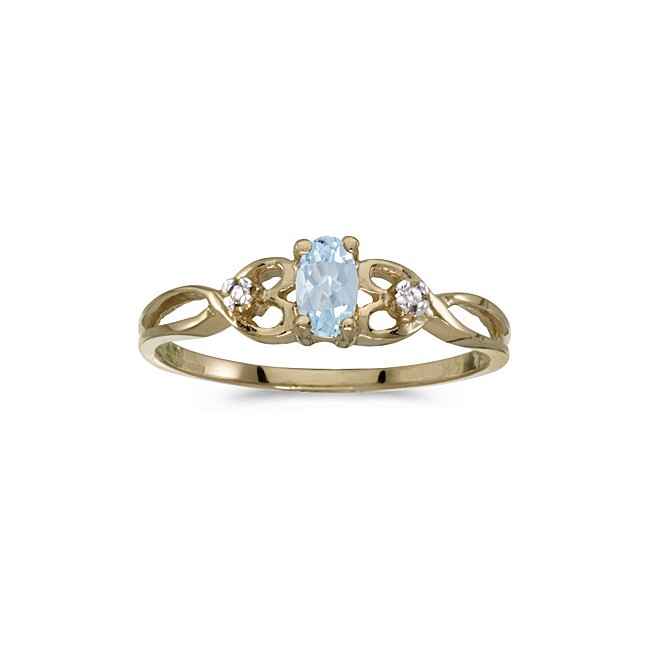 10k Yellow Gold Oval Aquamarine And Diamond Ring