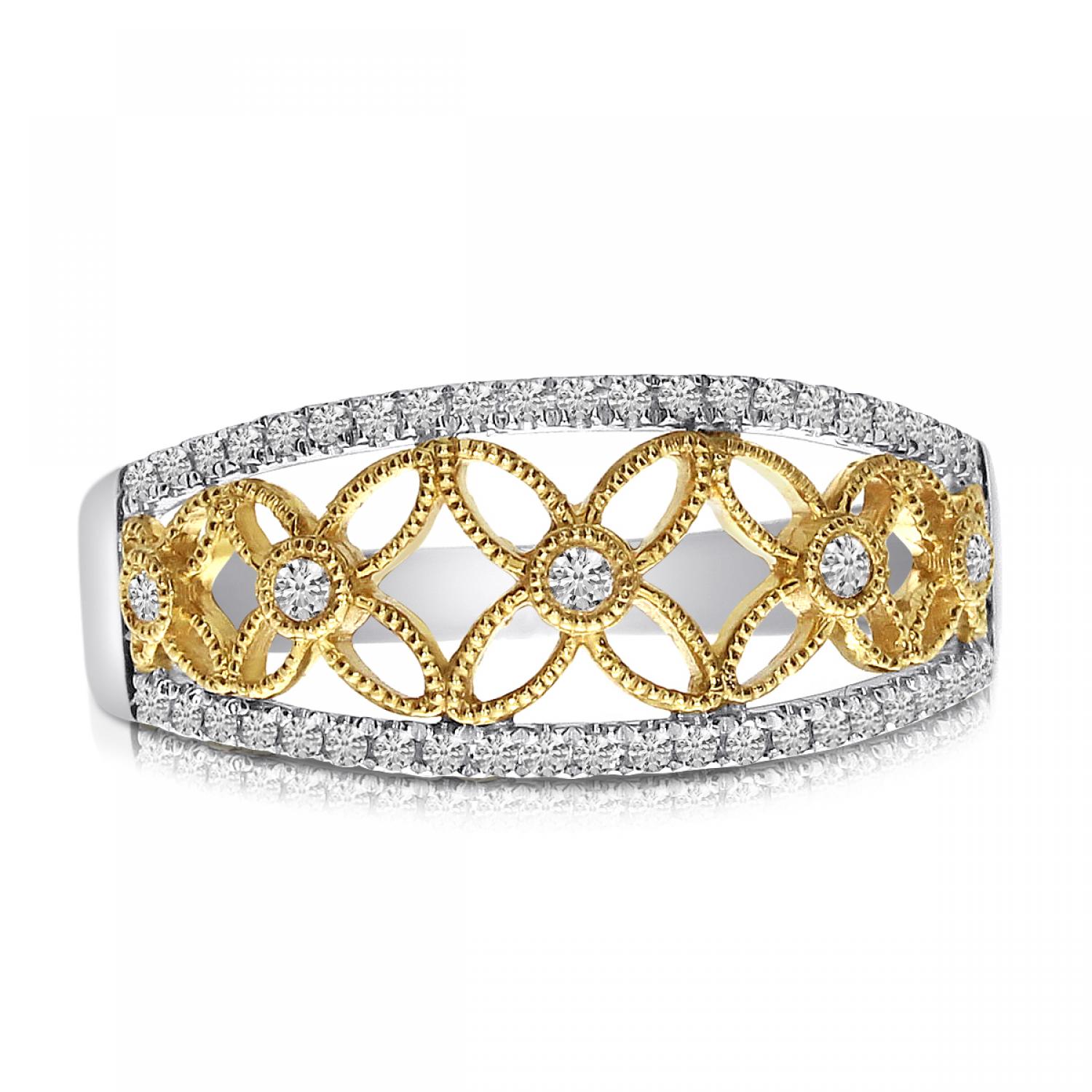 14K Two Tone White and Yellow Gold Diamond Fashion Filigree Band