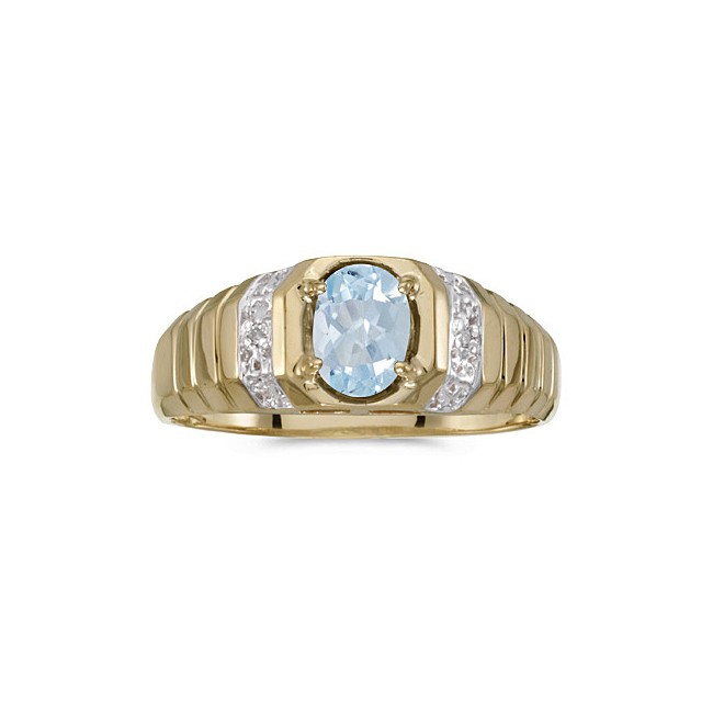 10k Yellow Gold Oval Aquamarine And Diamond Ring