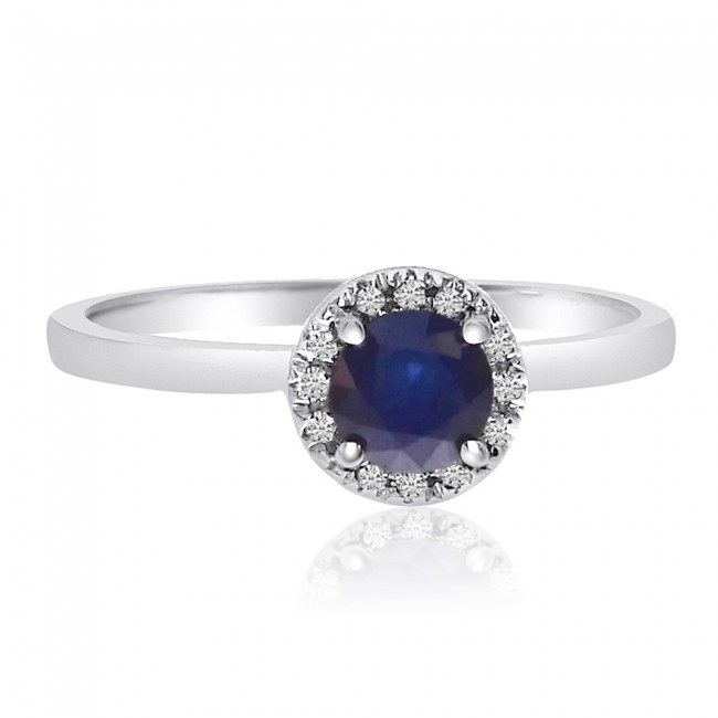 10K White Gold 5mm Round Sapphire and Diamond Halo Precious Ring
