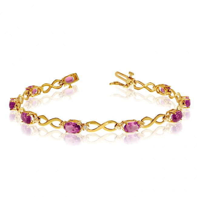 10K Yellow Gold Oval Pink Topaz and Diamond Bracelet