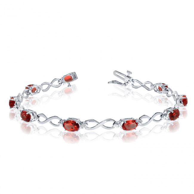 10K White Gold Oval Garnet and Diamond Bracelet