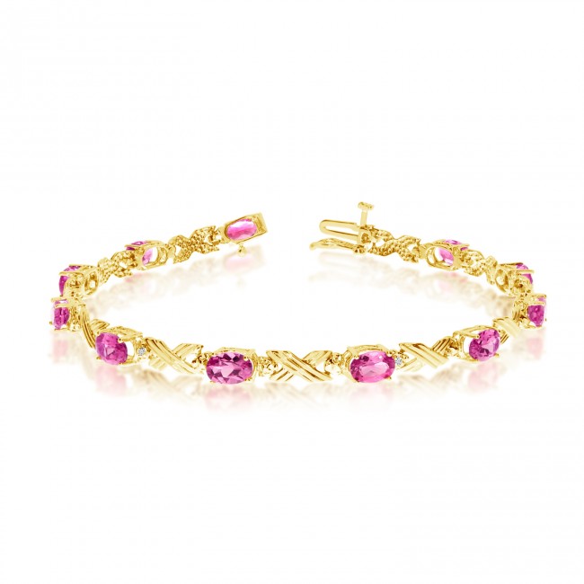 10K Yellow Gold Oval Pink Topaz and Diamond Bracelet