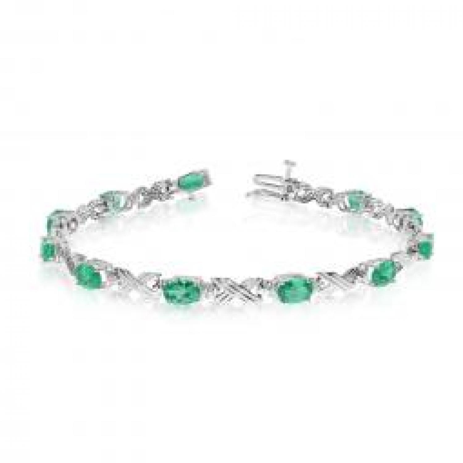 14K White Gold Oval Emerald and Diamond Bracelet