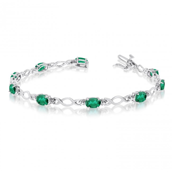 10K White Gold Oval Emerald and Diamond Bracelet