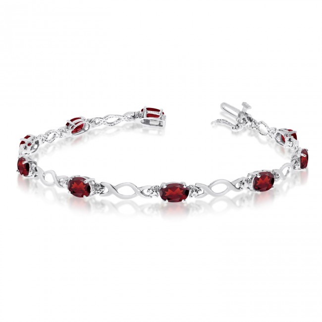 14K White Gold Oval Garnet and Diamond Bracelet