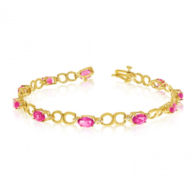 10K Yellow Gold Oval Pink Topaz and Diamond Bracelet