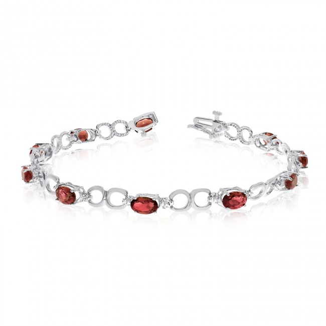 10K White Gold Oval Garnet and Diamond Bracelet