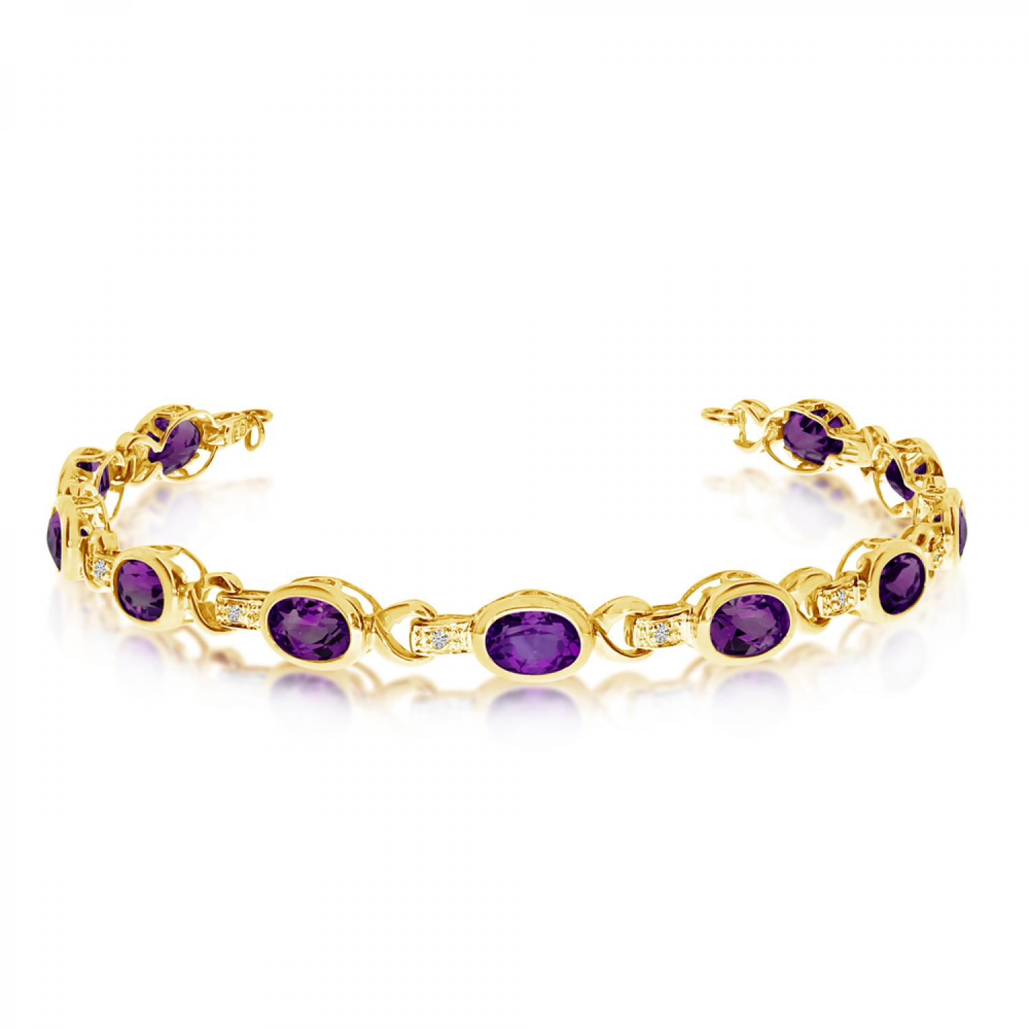 10K Yellow Gold Oval Amethyst and Diamond Bracelet