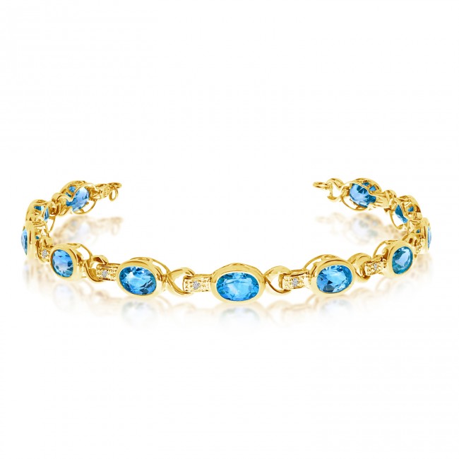 10K Yellow Gold Oval Blue Topaz and Diamond Bracelet