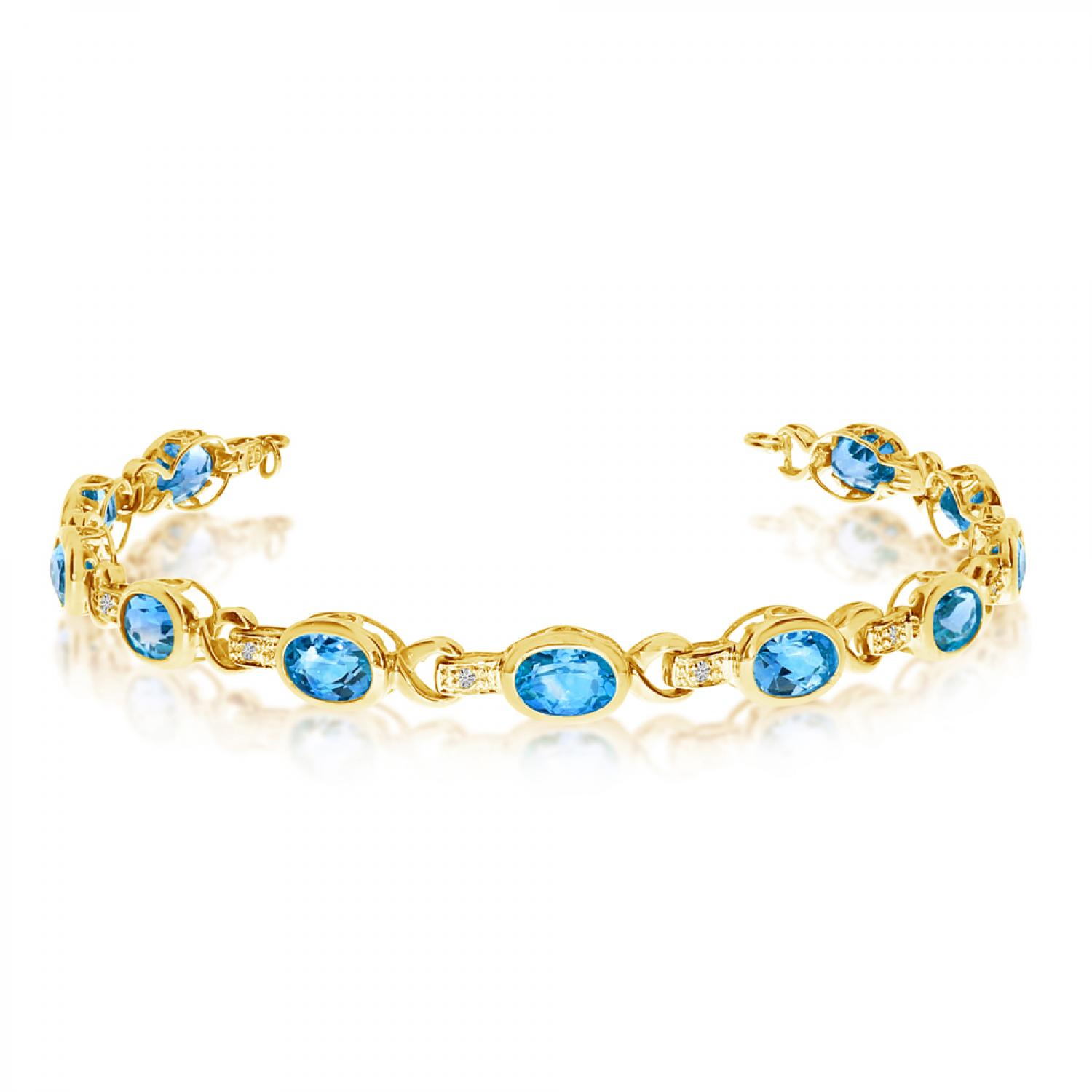 10K Yellow Gold Oval Blue Topaz and Diamond Bracelet