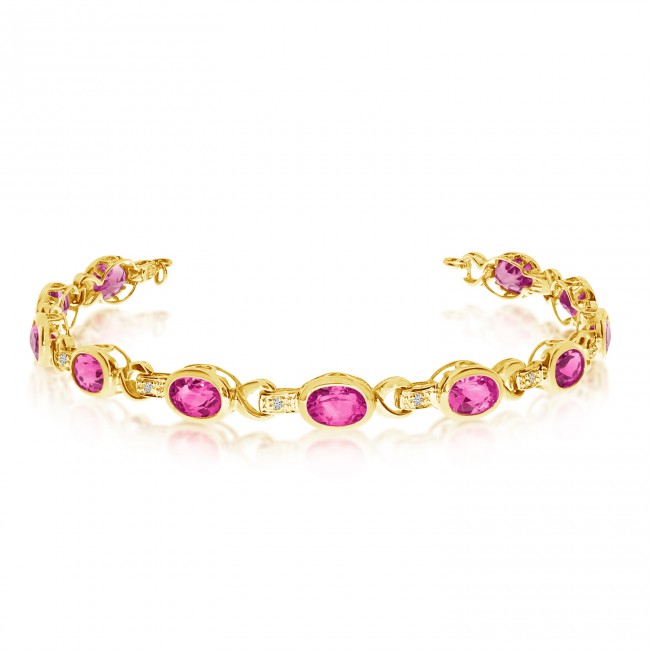 10K Yellow Gold Oval Pink Topaz and Diamond Bracelet