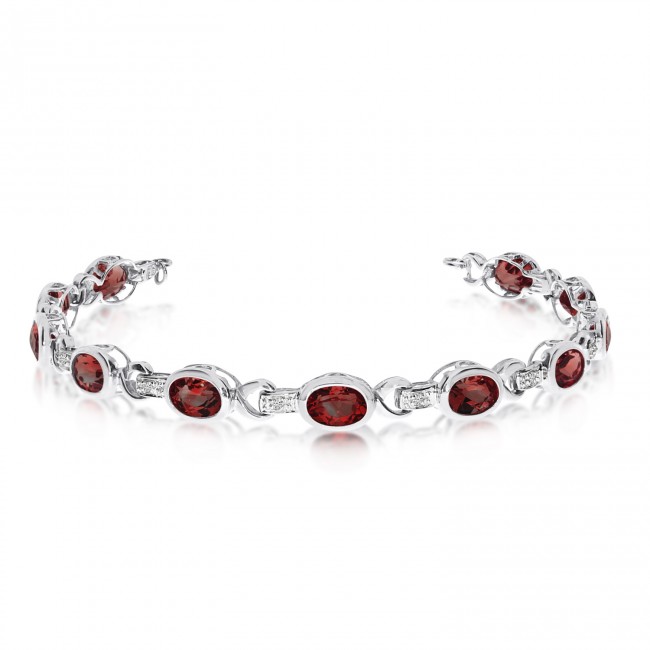 10K White Gold Oval Garnet and Diamond Bracelet