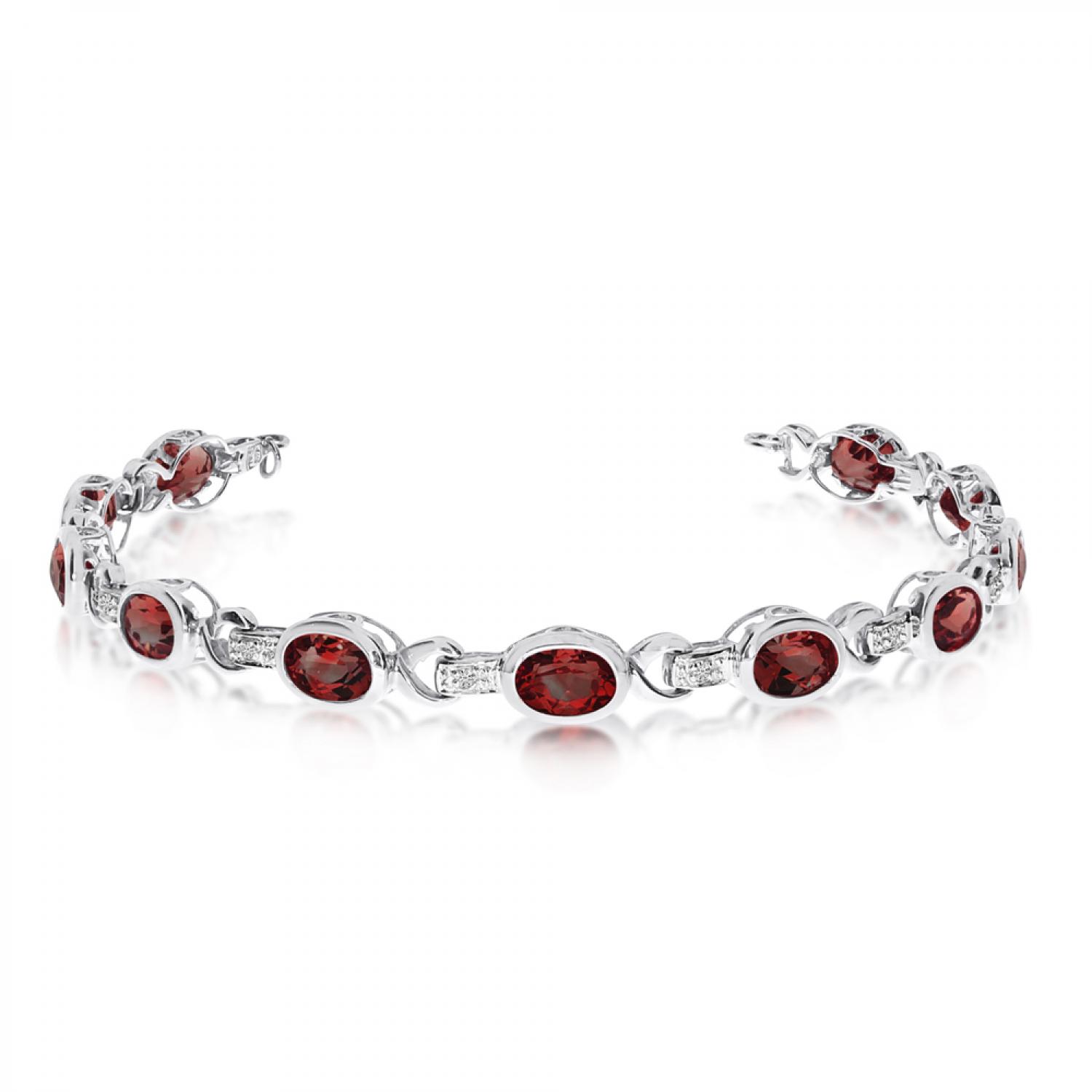 14K White Gold Oval Garnet and Diamond Bracelet