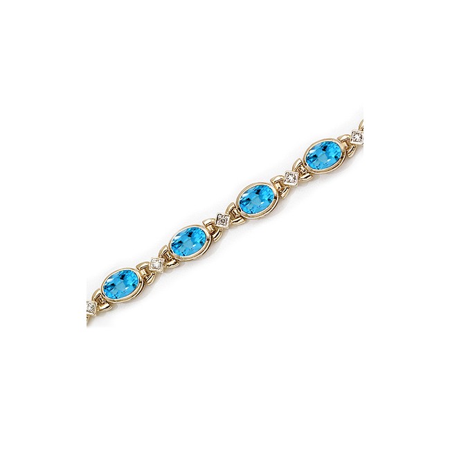 14K Yellow Gold Oval Blue Topaz and Diamond Bracelet