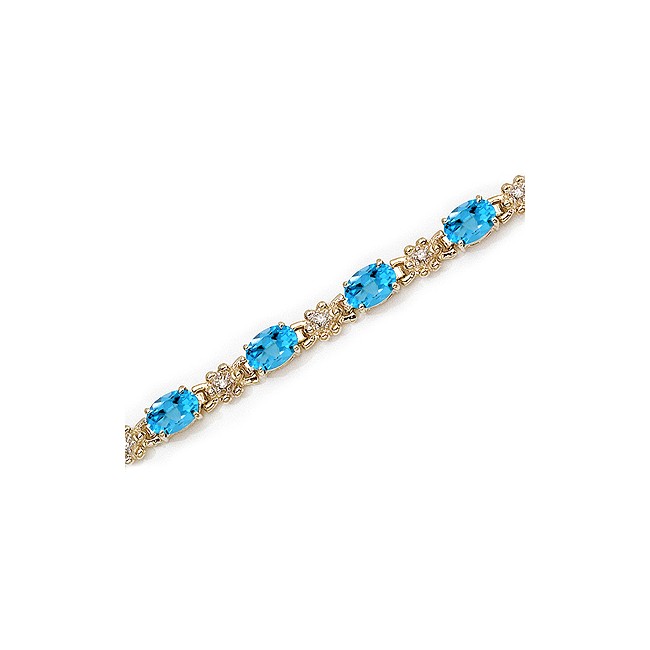 14K Yellow Gold Oval Blue Topaz and Diamond Bracelet