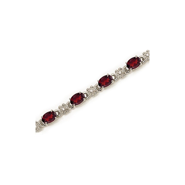 14K White Gold Oval Garnet and Diamond Bracelet