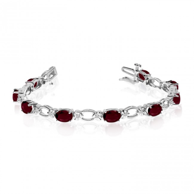 14K White Gold Oval Garnet and Diamond Bracelet