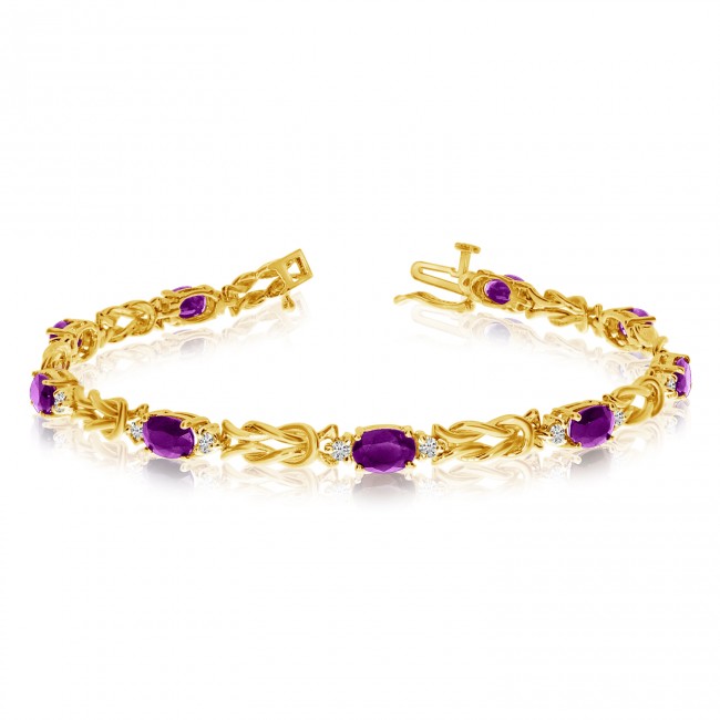 14K Yellow Gold Oval Amethyst and Diamond Bracelet