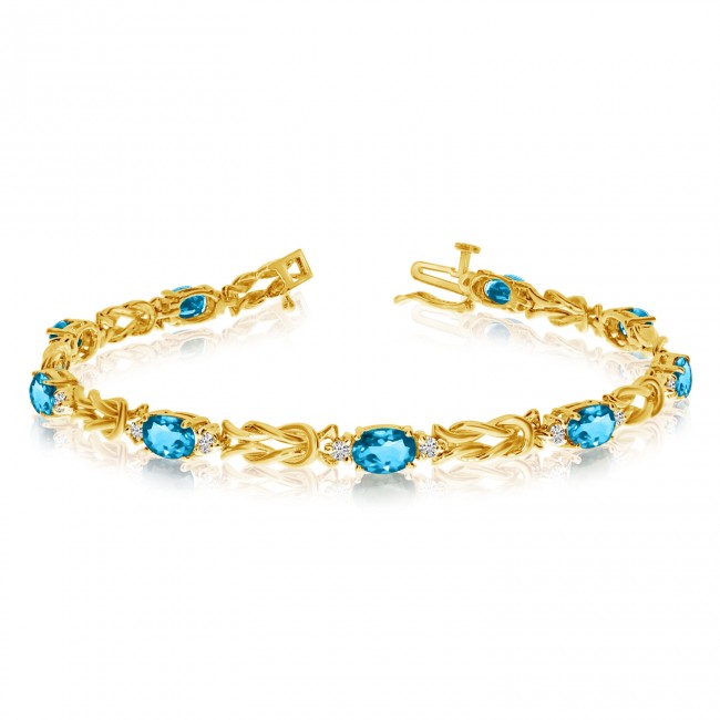 14K Yellow Gold Oval Blue Topaz and Diamond Bracelet