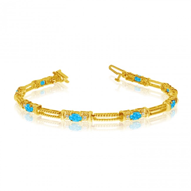 14K Yellow Gold Oval Blue Topaz and Diamond Bracelet