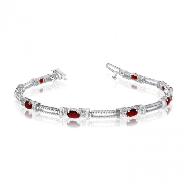 14K White Gold Oval Garnet and Diamond Bracelet