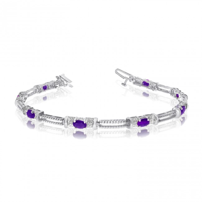 14K White Gold Oval Amethyst and Diamond Bracelet