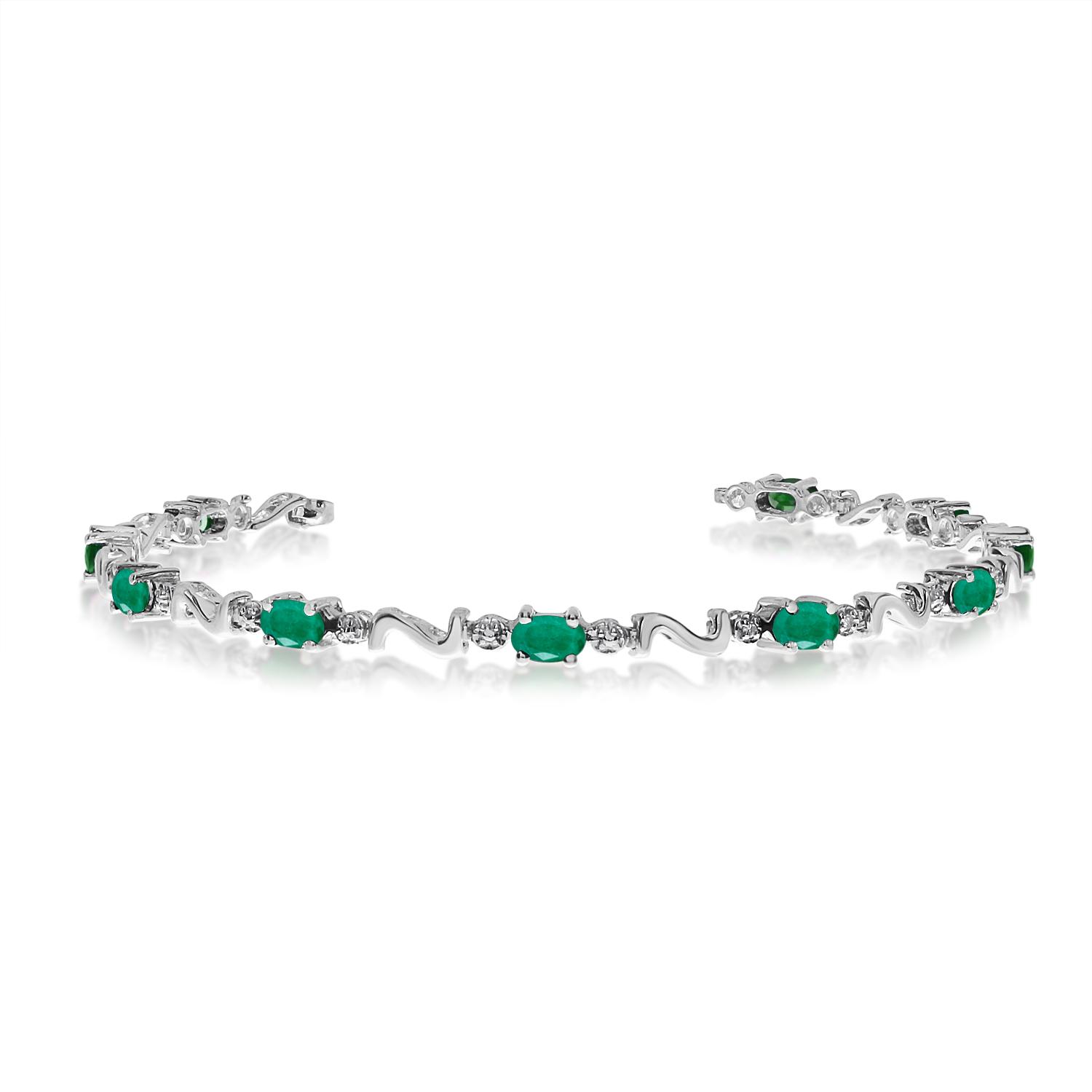 14K White Gold Oval Emerald and Diamond Bracelet