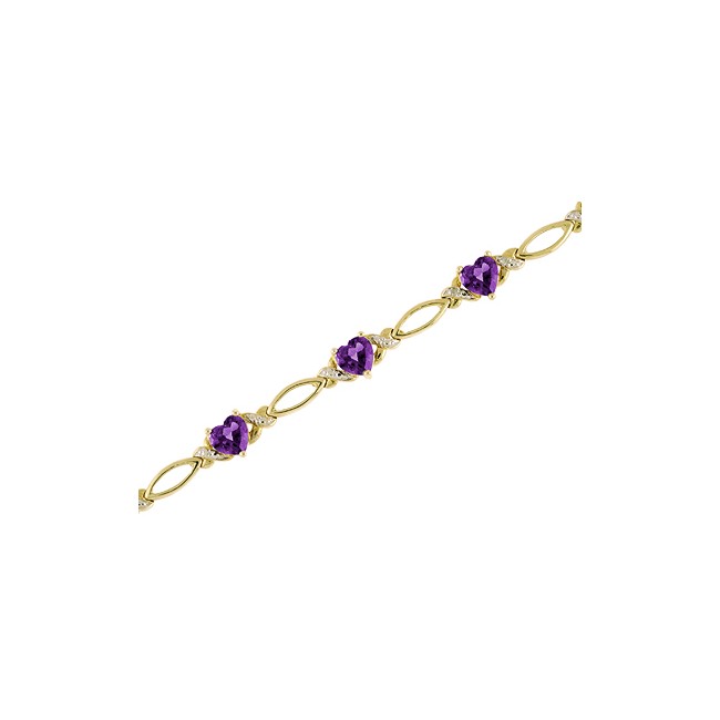14K Yellow Gold Heart Amethyst and Diamond Bracelet