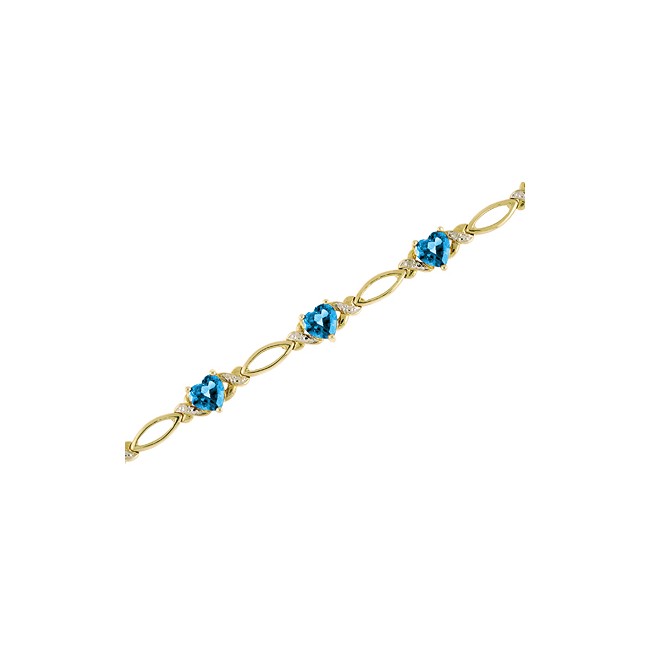 14K Yellow Gold Heart Blue Topaz and Diamond Bracelet