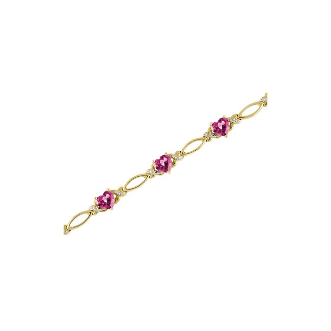 14K Yellow Gold Heart Pink Topaz and Diamond Bracelet