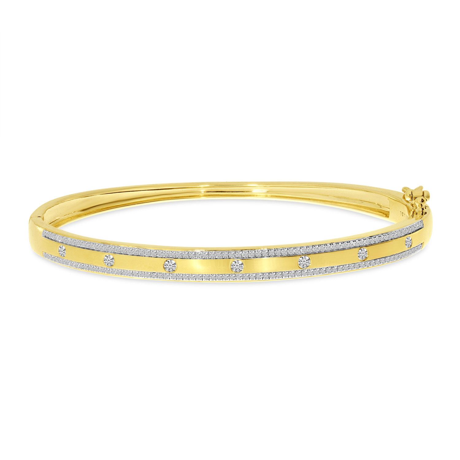 14K Yellow Gold Diamond Row & Stationed Bangle Bracelet