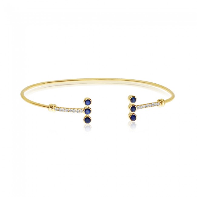 14K Yellow Gold Precious Triple Sapphire and Diamond Minimal Fashion Bangle