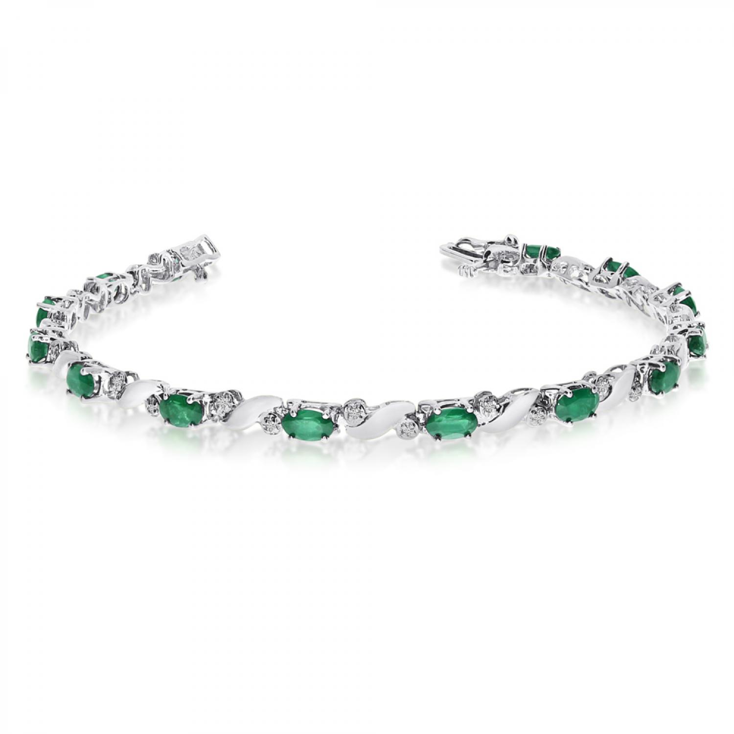 14K White Gold Oval Emerald and Diamond Bracelet