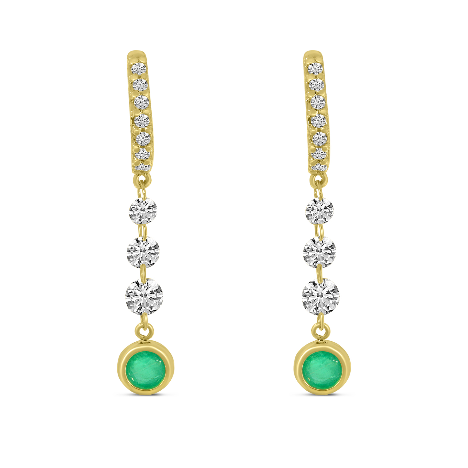 14K Yellow Gold Dashing Diamond Emerald Bezel Dangle Earrings