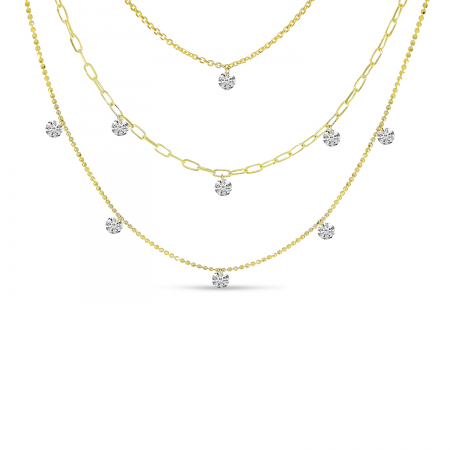 14K Yellow Gold Triple Dashing Diamonds Multi-Chain Necklace