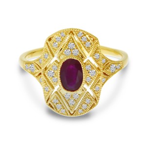 14K Yellow Gold Oval Ruby and Diamond Art Deco Rectangular Ring