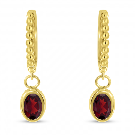 14K Yellow Gold Oval Garnet Dangle Textured Huggie Earrings