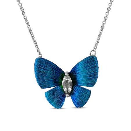 Titanium Blue Butterfly with Marquise White Sapphire and 14k White Gold Chain Necklace