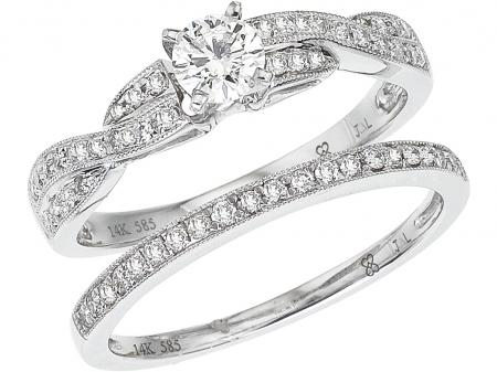 14K White Gold .66 Ct Diamond Crossover Qpid Bridal Ring Set