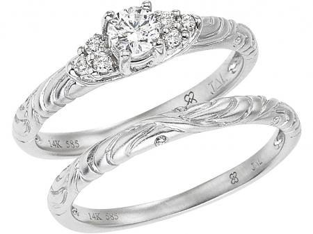 14K White Gold .34 Ct Diamond Satin QPid Bridal Ring Set