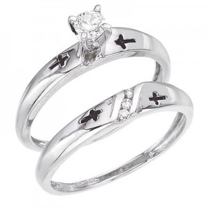 14K White Gold .23 Ct Diamond Qpid Bridal Cross Ring Set
